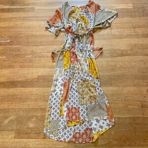 Love Fire women's paisley polyester short sleeve tie waist maxi dress sz XS b22